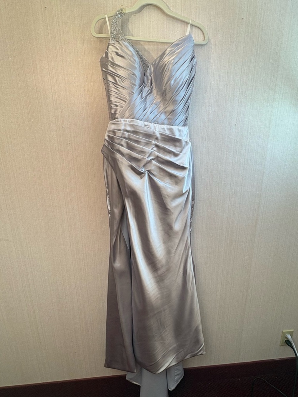 Elegant Silver Satin One Shoulder Gown with Split | Beaded Strap | Corset Back